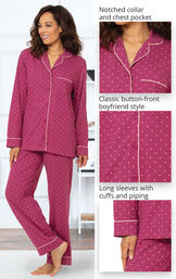 Classic Polka-Dot Boyfriend Pajamas feature a notched collar and chest pocket, classic button-front boyfriend style and long sleeves with cuffs and piping image number 3