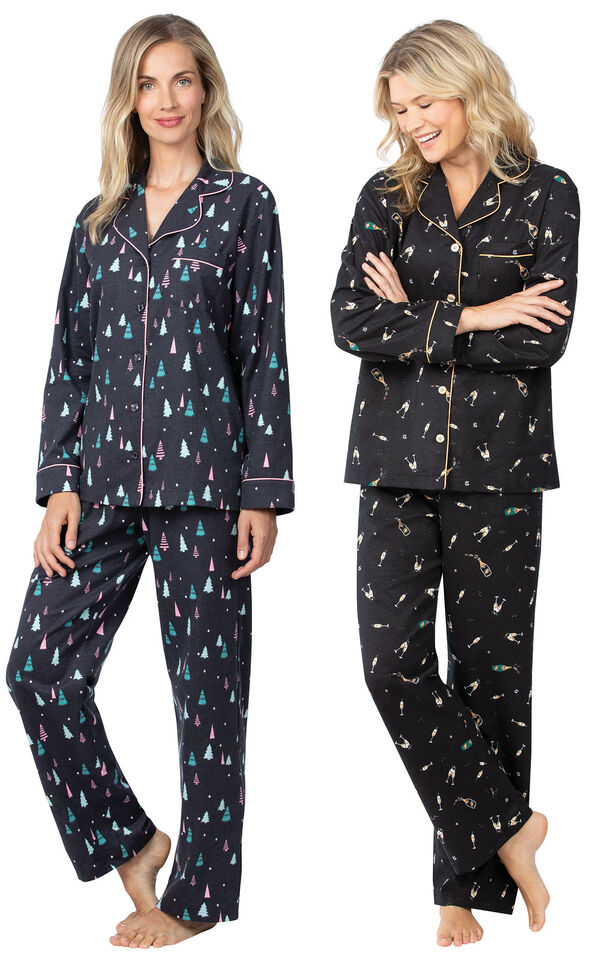Addison Meadow|PajamaGram Bright Trees and Champagne Flannel Boyfriend PJs image number 0