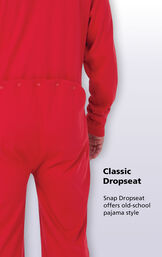 A close-up of the Classic Dropseat on Red Dropseat Men's Pajamas with the following copy: Snap Dropseat offers old-school pajama style image number 3