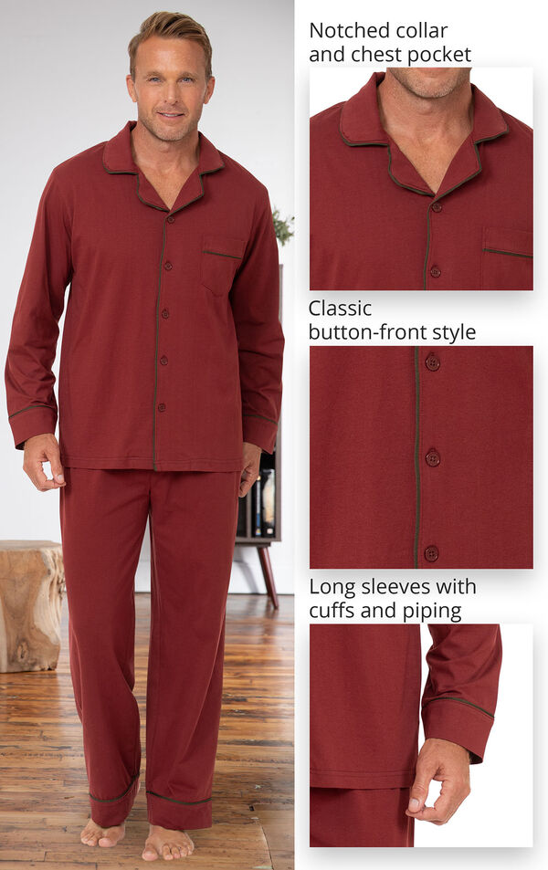 Men's classic button-front pajamas feature a notched collar and chest pocket, classic button-front style and long sleeves with cuffs and piping image number 3