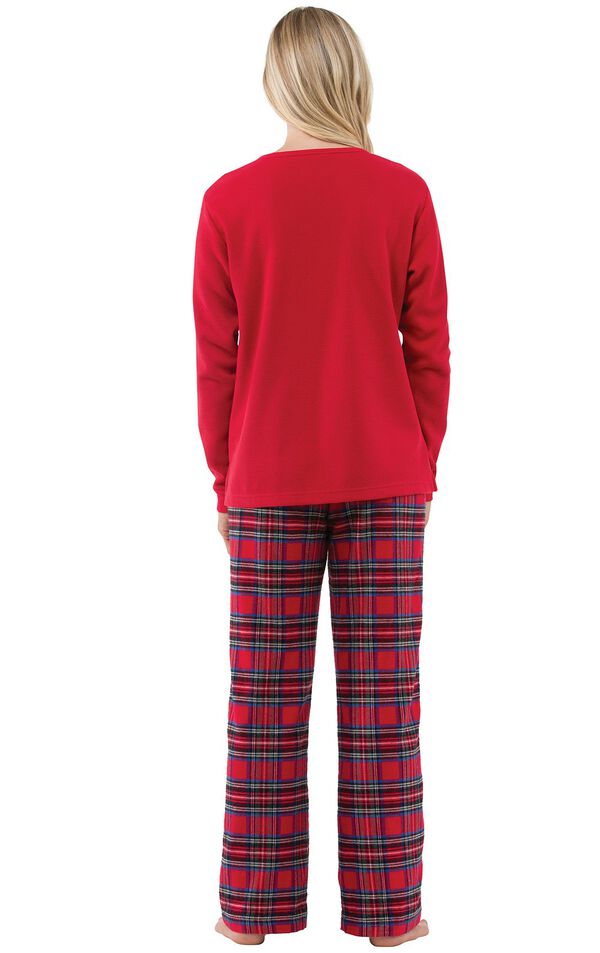 Model wearing Red Classic Plaid Thermal Top PJ for Women, facing away from the camera