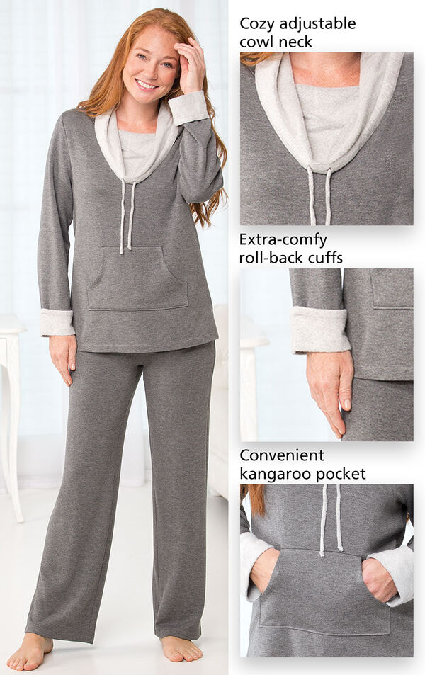 Close-Ups of Charcoal World's Softest PJs features which include a cozy adjustable cowl neck, extra-comfy, roll-back cuffs and a convenient kangaroo pocket. image number 2