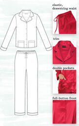 A technical drawing of Red Satin PJs highlighting the following features - elastic, drawstring waist, trim, double pockets and full-button front image number 1