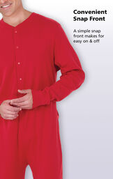 Close-up of the Convenient Snap Front on Red Dropseat Men's Pajamas with the following copy: A simple snap front makes for easy on and off image number 2