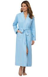 Model wearing Blue Pin Dot Wrap Robe for Women image number 1