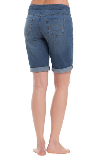 Model wearing PajamaJeans Bermuda Shorts - Bluestone Wash, facing away from the camera