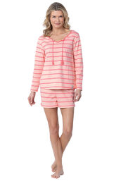 Model wearing Pink Margaritaville Long Sleeve Striped Short Set for Women image number 0