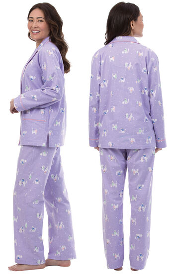 Model wearing Purple Purrfect Flannel Boyfriend Pajamas, facing away from the camera and then facing to the side