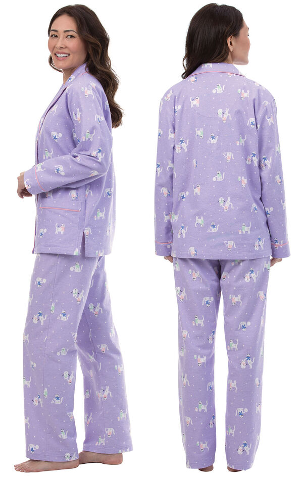 Model wearing Purple Purrfect Flannel Boyfriend Pajamas, facing away from the camera and then facing to the side image number 1