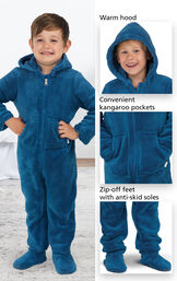 Close-ups of the Hoodie-Footie's features which include a warm hood, convenient kangaroo pockets and zip-off feet with anti-skid soles. image number 2