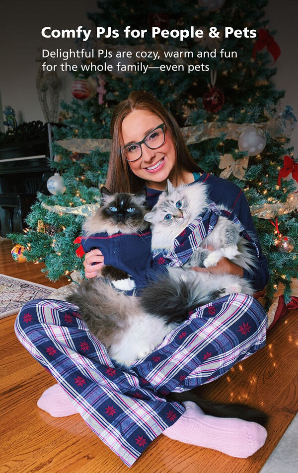 Woman and her two cats wearing matching Snowfall Plaid Pajamas by the Christmas Tree. Comfy PJs for People and Pets! image number 2