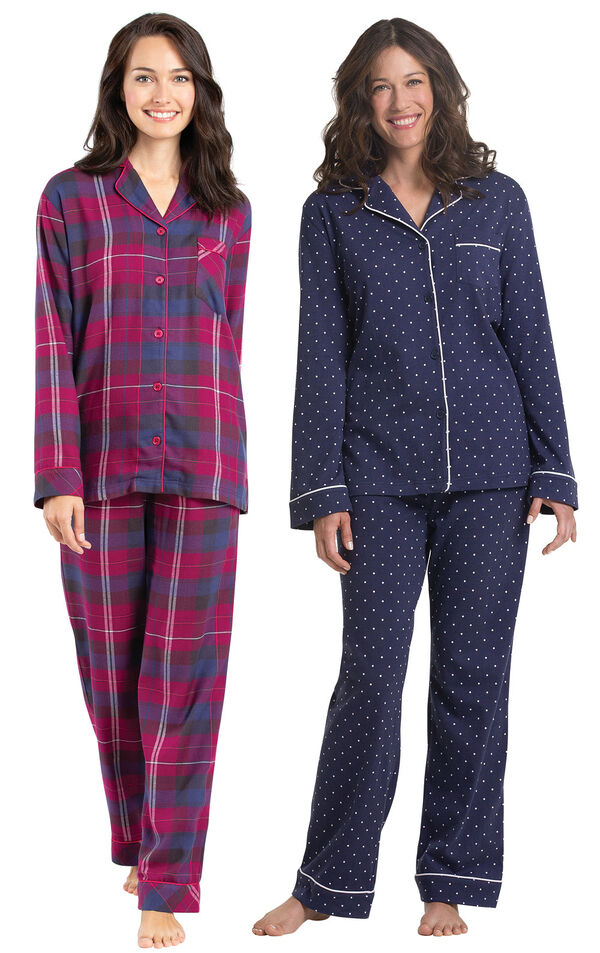 Models wearing World's Softest Flannel Boyfriend Pajamas - Black Cherry Plaid and Classic Polka-Dot Pajamas - Navy. image number 0