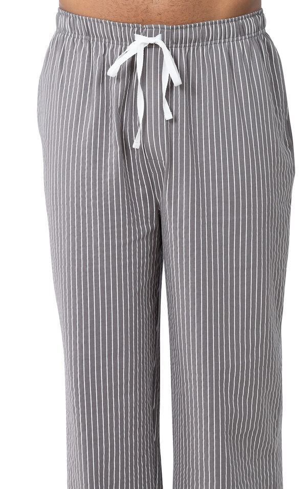 Full-length Gray and White Stripe Pajama Pants for Men with an elastic, drawstring waist image number 2