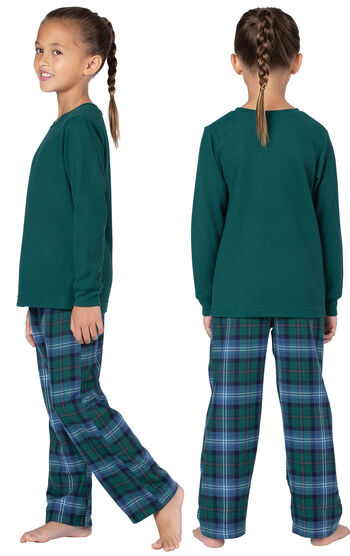Model wearing Green and Blue Plaid Thermal-Top PJ for Girls, facing away from the camera and then facing to the side
