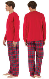 Model wearing Red Classic Plaid Thermal Top PJ for Men, facing away from the camera and then to the side image number 1