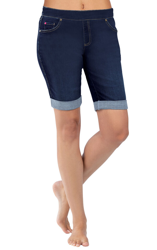 Close-up of model's waist and legs wearing PajamaJeans Bermuda Shorts Indigo, Cuffed image number 0