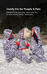 Customer Photo of Adults and Dog playing in the snow wearing matching Hoodie-Footie - Gray Fair Isle Fleece - Matching Pet and Owner PJs with the following copy: Comfy PJs for People and Pets. Delightful PJs are cozy, warm and fun for the whole family, even pets. image number 3