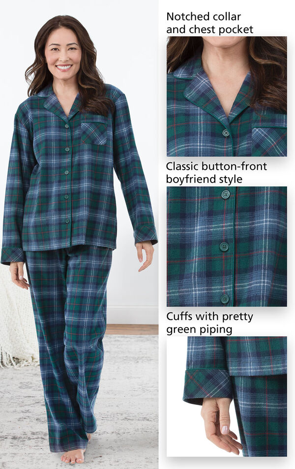 Close-ups of the features of Heritage Plaid Flannel Boyfriend Pajamas which include a notched collar and chest pocket, classic button-front boyfriend style and cuffs with pretty green piping
