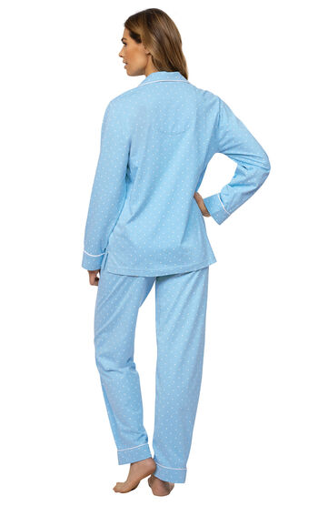 Model wearing Blue Pin Dot Button-Front PJ for Women, facing away from the camera