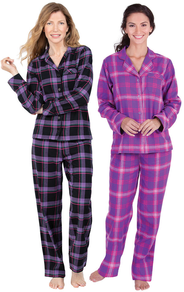 Models wearing Blackberry Plaid Boyfriend Flannel Pajamas and Raspberry Plaid Boyfriend Flannel Pajamas. image number 0