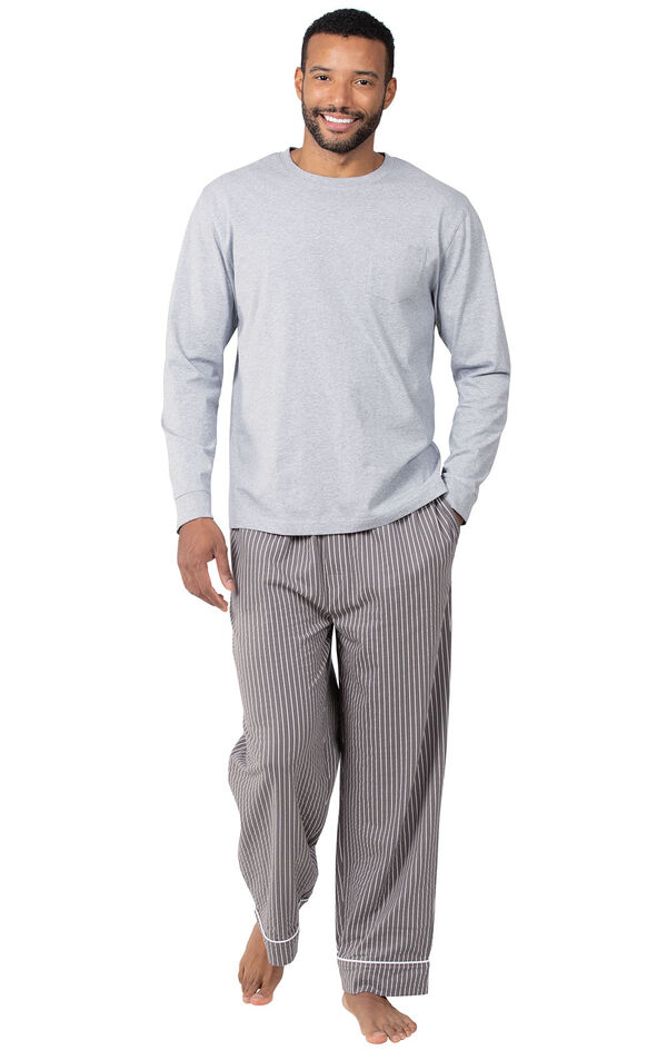 Model wearing Charcoal Gray and White Stripe PJ for Men image number 0