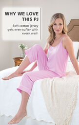 Model wearing Oh-So-Soft Pin Dot Capri Pajamas - Pink with the following copy: Why We Love This PJ: Soft cotton jersey gets even softer with every wash image number 1