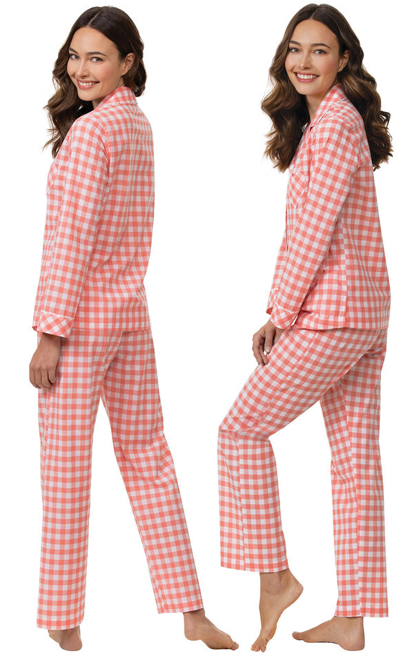 Model wearing Coral Gingham Button-Front PJ for Women, facing away from the camera and then to the side image number 1