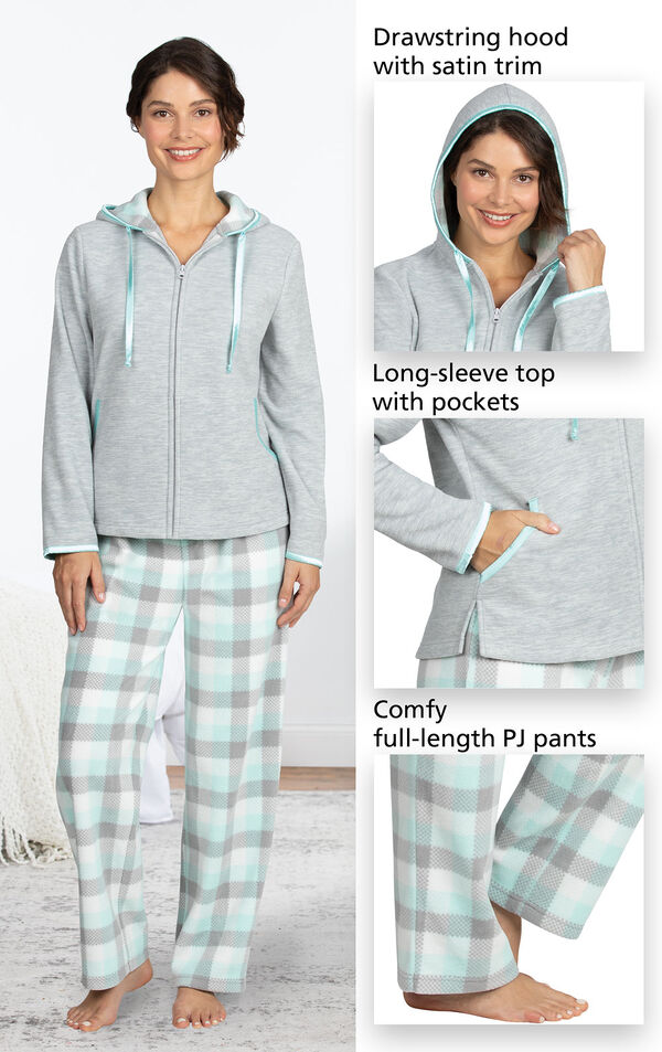 Close-ups of Snuggle Fleece Hoodie Pajamas details which include a drawstring hood with satin trim, long-sleeve top with pockets and comfy full-length PJ pants image number 4