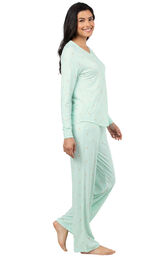 Model wearing Whisper Knit Henley Pajamas - Aqua Llamas, facing to the side image number 2