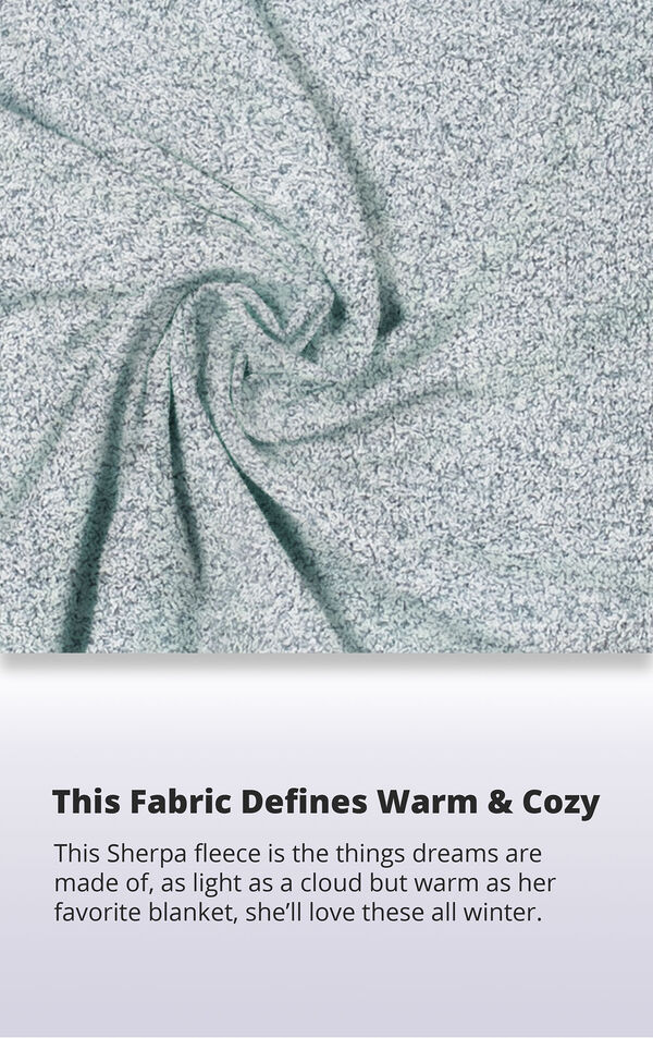 Blue Cozy Escape fabric with the following copy: This sherpa fleece is the things dreams are made of, as light as a cloud but warm as her favorite blanket, she'll love these all winter. image number 5