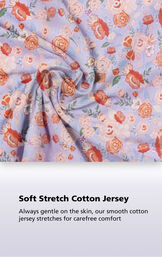 Lavender fabric with floral print with the following copy: Soft Stretch Cotton Jersey - always gentle on the skin, our smooth cotton jersey stretches for carefree comfort image number 4