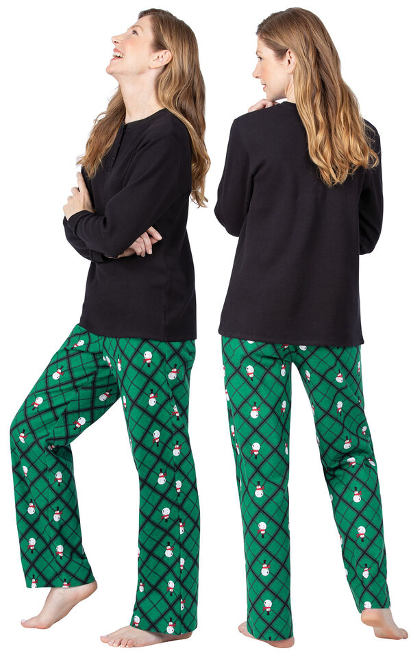 Model wearing Black and Green Snowman Argyle Henley PJ for Women, facing away from the camera and then to the side image number 1