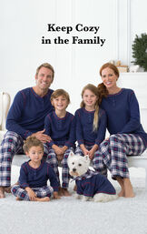 Parents and kids wearing Blue Snowfall Plaid Matching Family Pajamas with the following copy: Keep Cozy in the Family. image number 1