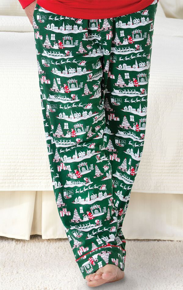 Close-up of the full-length Green pants with Red and White graphic on The Night Before Christmas Men's Pajamas image number 3