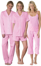 Models wearing Classic Polka-Dot Capri Pajamas - Pink, Classic Polka-Dot Short Set - Pink and Classic Polka-Dot Boyfriend Pajamas - Pink. image number 0
