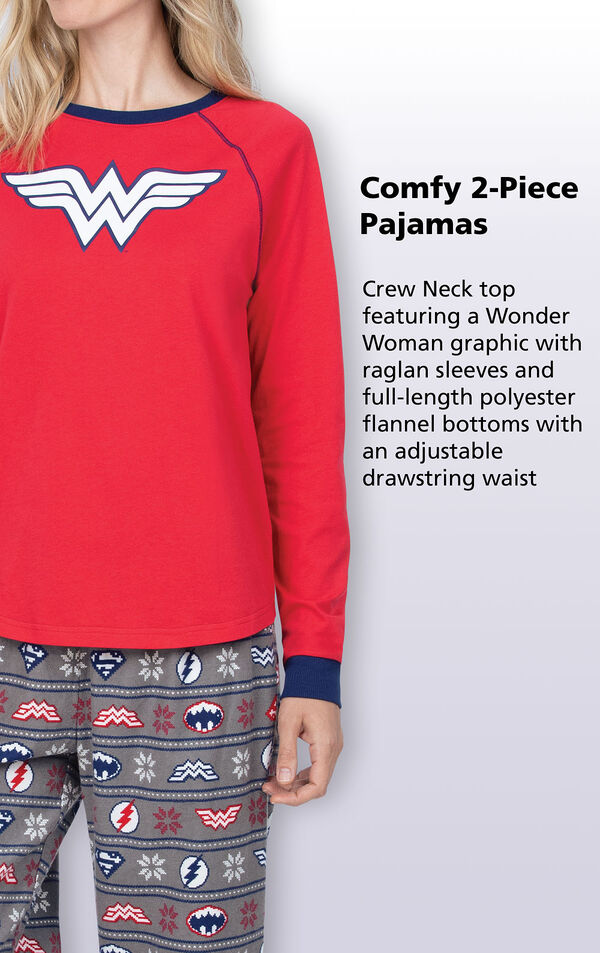 Crew neck top featuring a Wonder Woman Graphic on Women's PJs with raglan sleeves, and full-length polyester flannel bottoms with an adjustable, drawstring waist. image number 3
