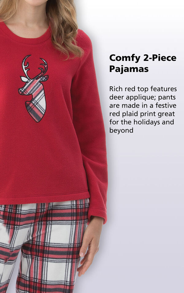 Rich red top features deer applique; pants are made in a festive red plaid print great for the holidays and beyond image number 3