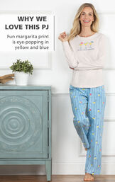 Model wearing Margaritaville Island Time Pajamas - Cocktail O'Clock print with the following copy: Fun margarita print is eye-popping in yellow and blue image number 2