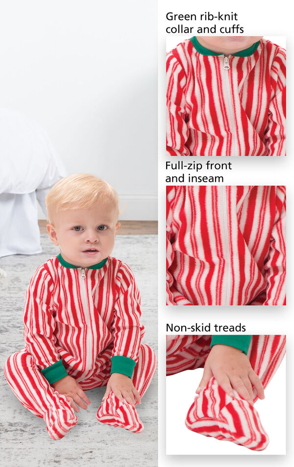 Candy Cane fleece pajamas feature a green rib-knit collar and cuffs, full-zip front and inseam and non-skid treads image number 1
