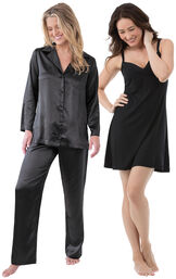 Smooth Seduction Satin Button-Front PJ & Naturally Nude Nighty  - Black image number 0