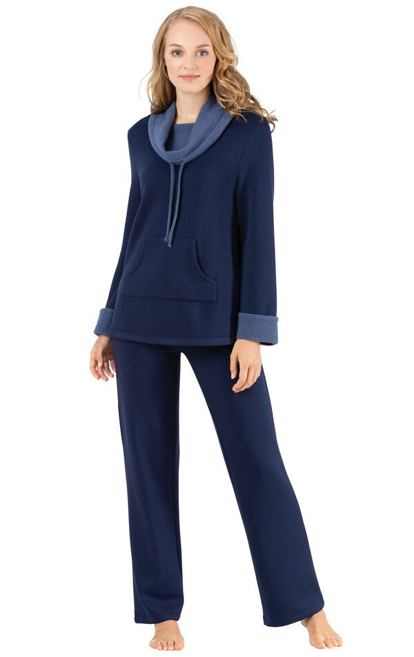 Model wearing World's Softest Navy Cowl-Neck Pajama Set for Women image number 0