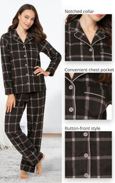 Charcoal Check Fleece Boyfriend Pajamas feature a notched collar, convenient chest pocket and button-front style image number 3