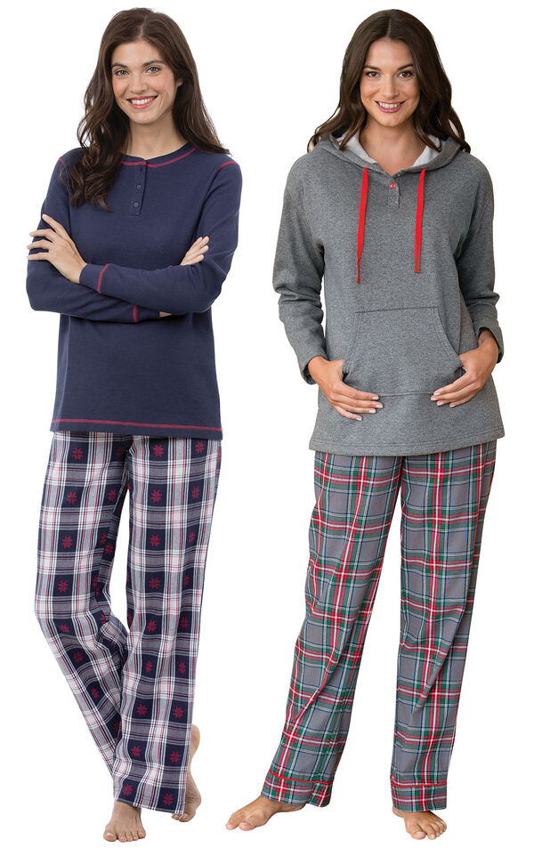 Models wearing Snowfall Plaid Petite Pajamas and Gray Plaid Hooded Petite Pajamas. image number 0