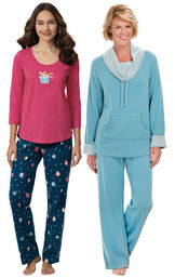 Models wearing Let's Celebrate Pajamas - Navy and World's Softest Pajamas - Teal image number 0