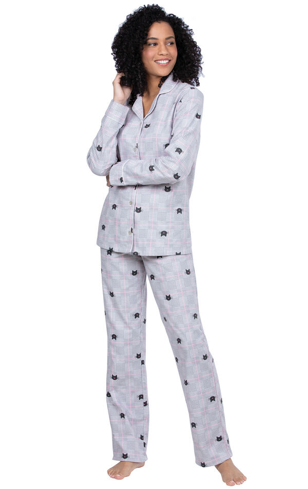 Addison Meadow|PajamaGram Slim Fit Boyfriend PJs in Gray Cat Flannel image number 0