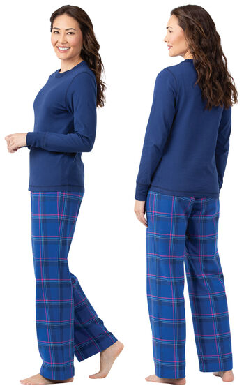 Model wearing Indigo Plaid Flannel PJ for Women, facing away from the camera and then to the side
