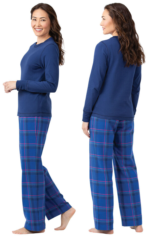Model wearing Indigo Plaid Flannel PJ for Women, facing away from the camera and then to the side image number 1