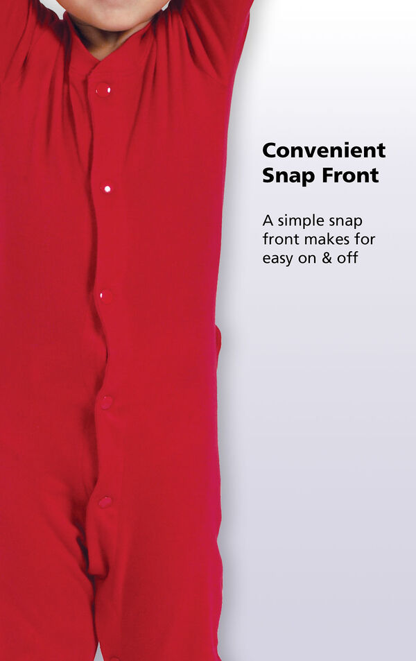 Close up of the Red Dropseat PJ's Convenient Snap Front. A simple snap front makes for easy on and off. image number 2