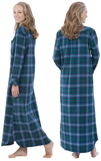Model wearing Green and Blue Plaid Gown for Women, facing away from the camera and then to the side