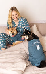 Coffee Dogs Button-Front Matching Pet & Owner Pajamas - Teal image number 1